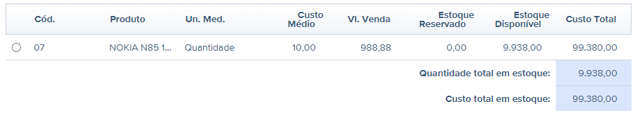Tela de Situação do estoque.