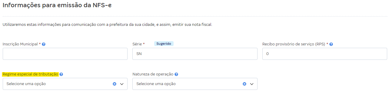 Tela de preenchimento do Regime Especial de Tributação.