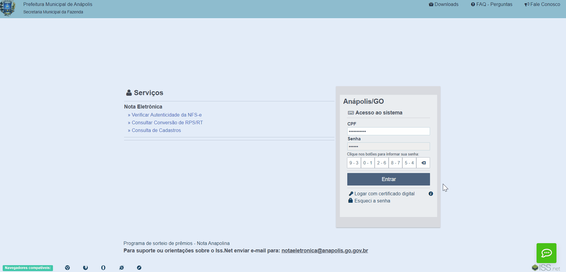 Tela de login no portal da prefeitura.