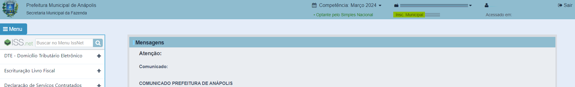 Tela para consulta da Inscrição Municipal no padrão ISS.net.