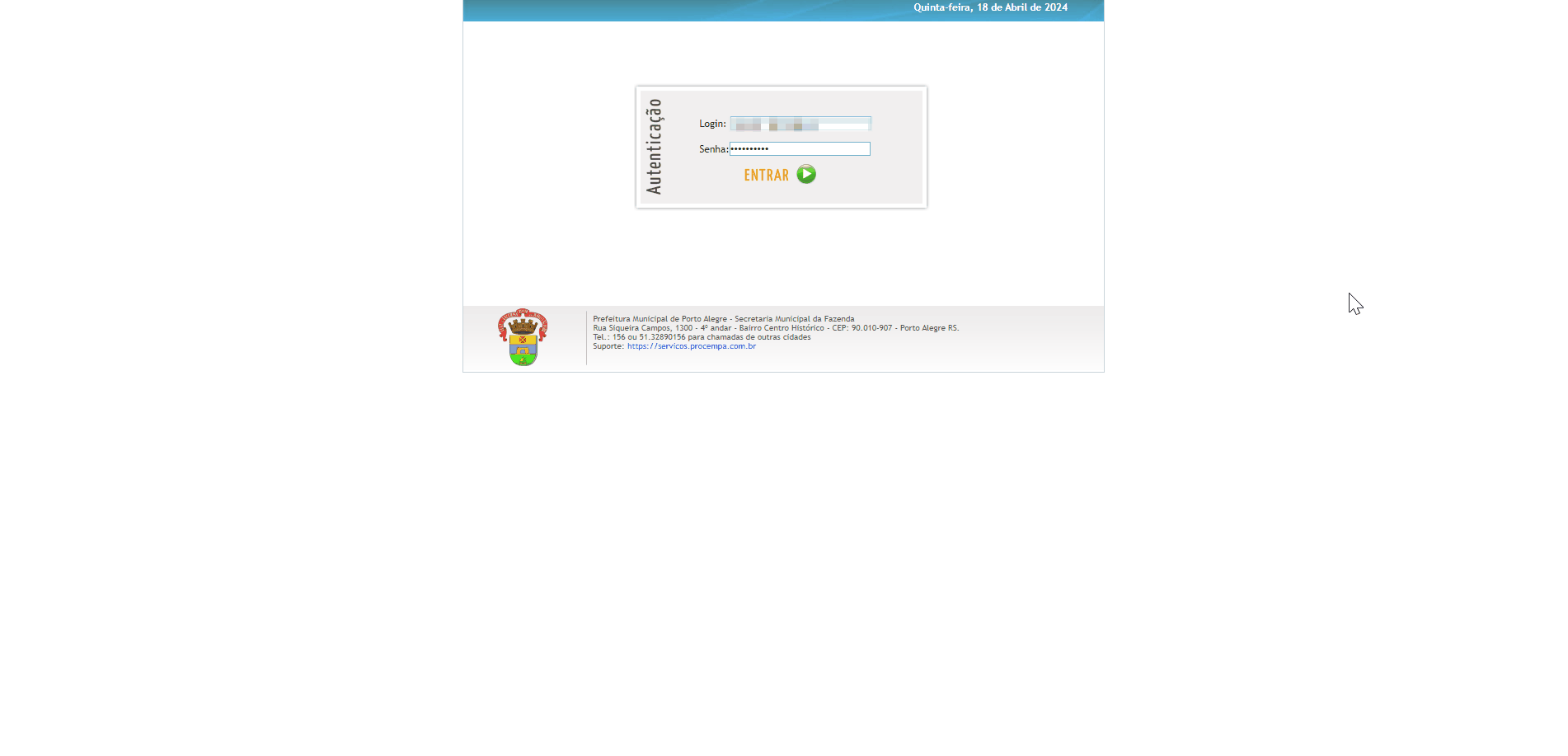 Tela de login no portal da prefeitura.