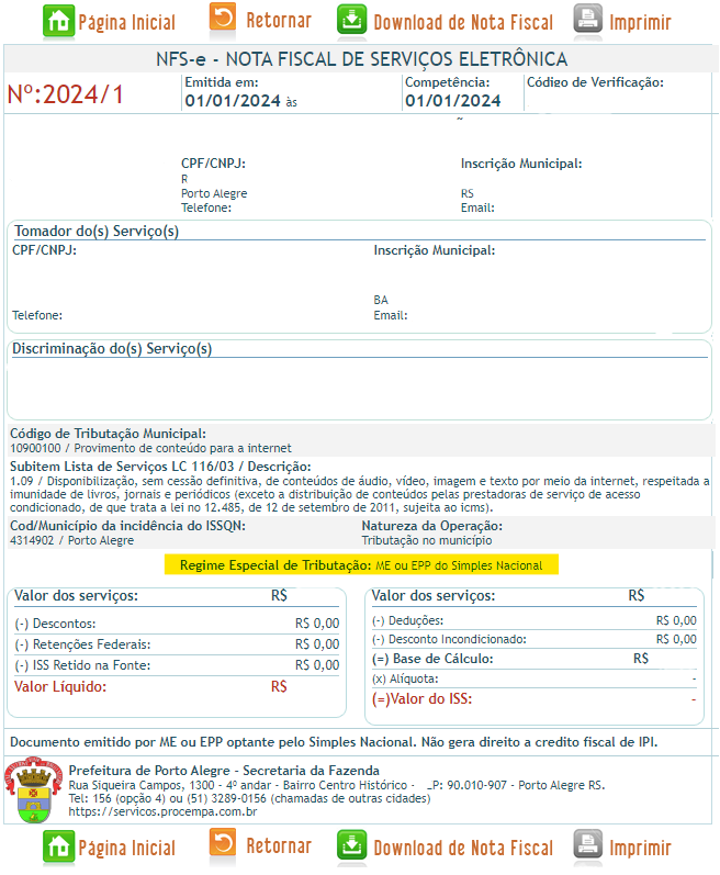 Tela para consulta do Regime especial de tributação no padrão Porto Alegre.