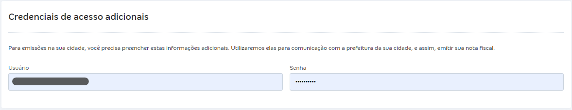 Tela de configurações da NFS-e com destaque para o campo Credenciais de acesso adicionais.
