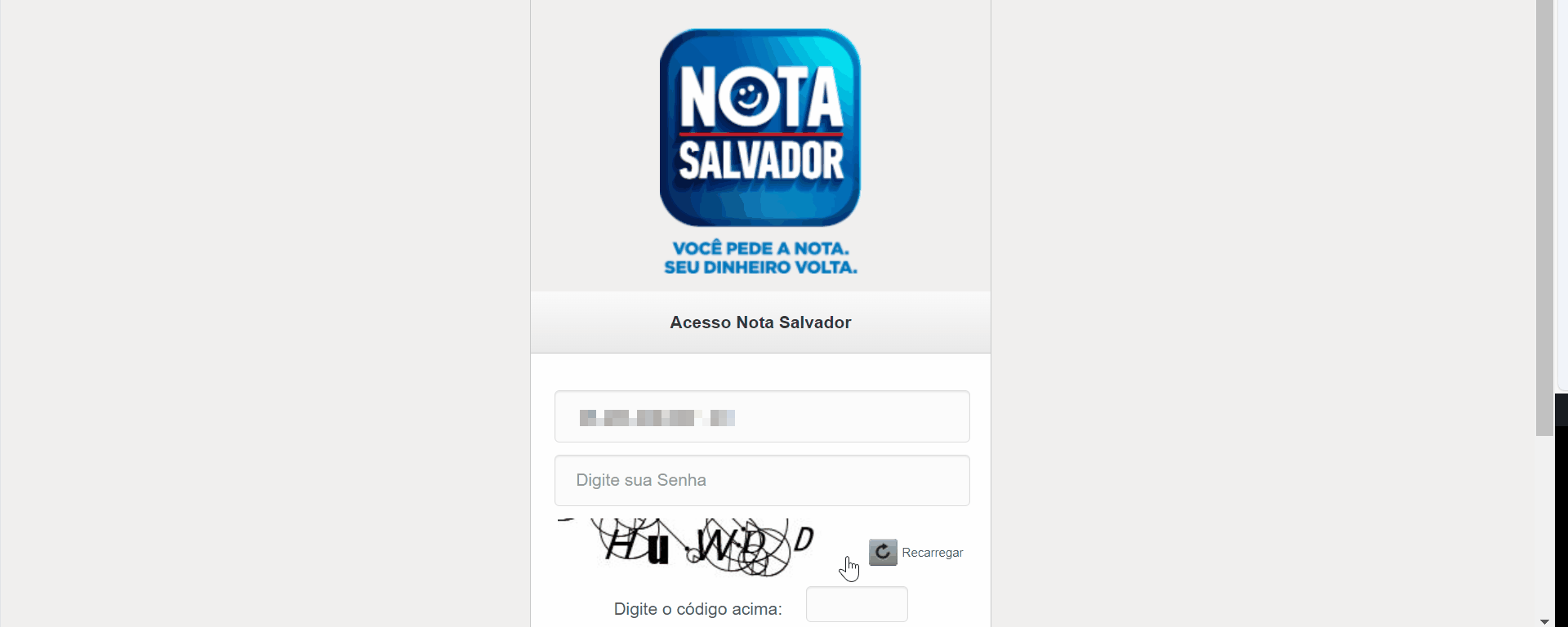 Tela de login no portal da prefeitura.