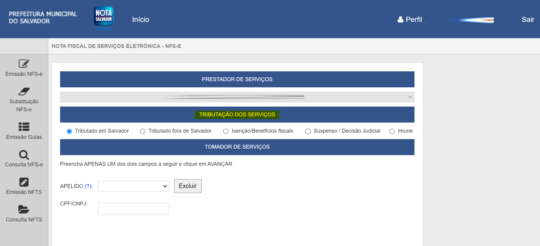 Tela para consulta da Natureza de operação no padrão Nota Salvador.