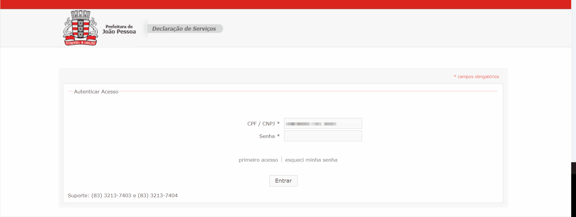 Tela de login no portal da prefeitura.