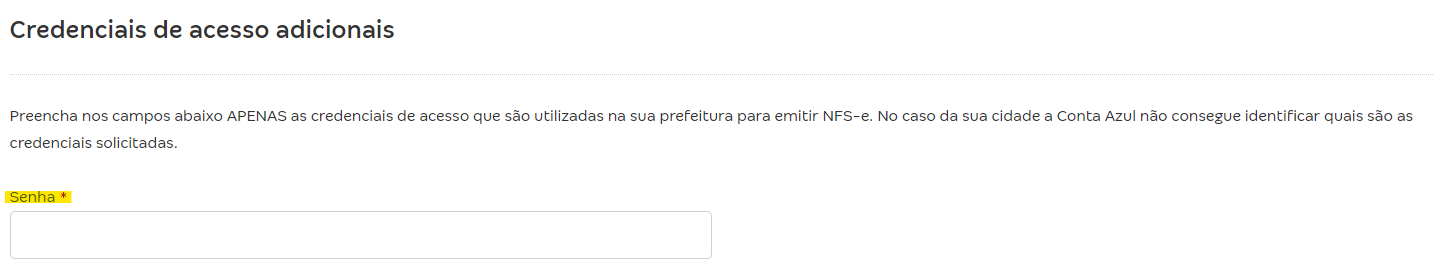 Tela de configurações da NFS-e com destaque para o campo Credenciais de acesso adicionais (senha).