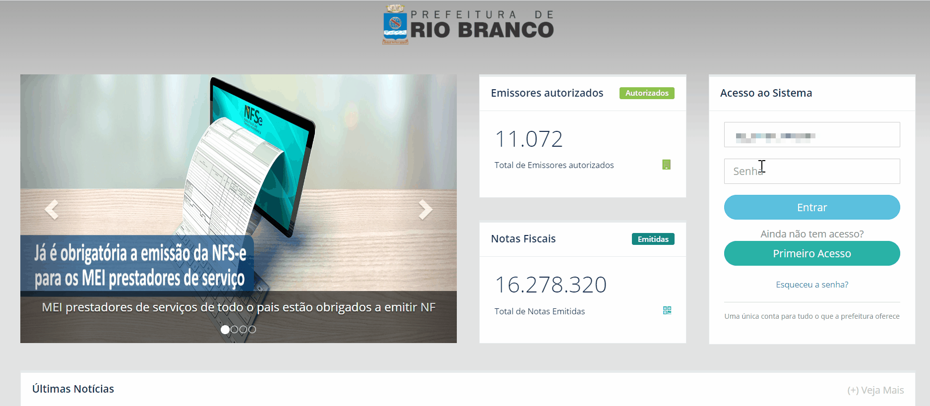 Tela de login no portal da prefeitura.