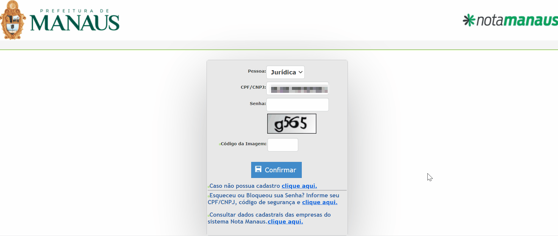 Tela de login no portal da prefeitura.