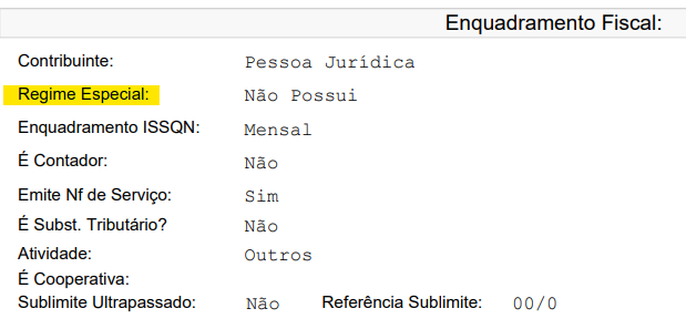 Tela para consulta do Regime especial de tributação no padrão Nota Manaus.