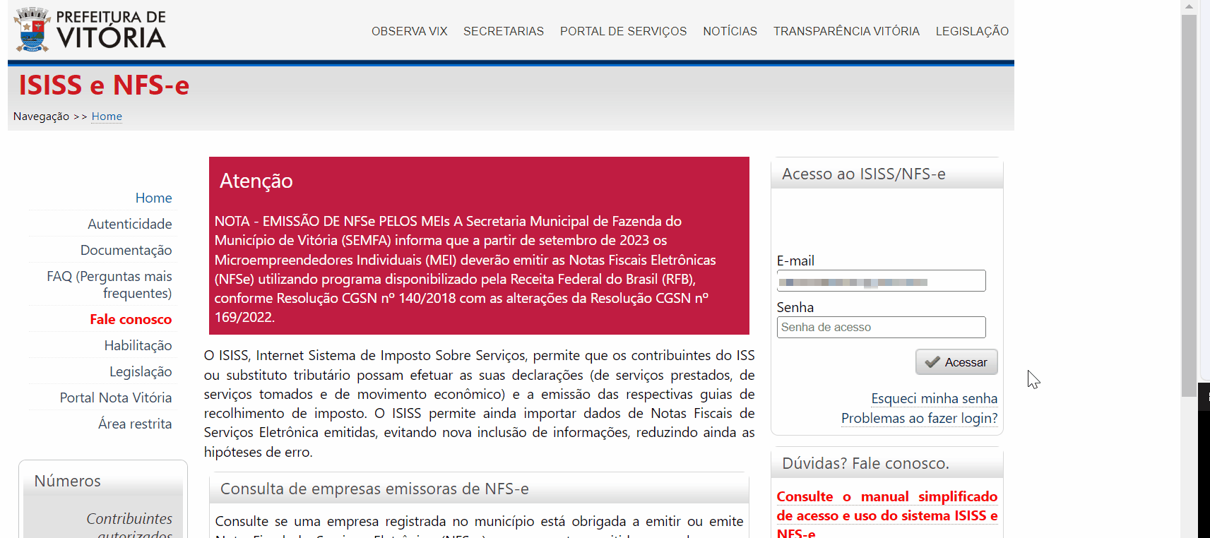 Tela de login no portal da prefeitura.