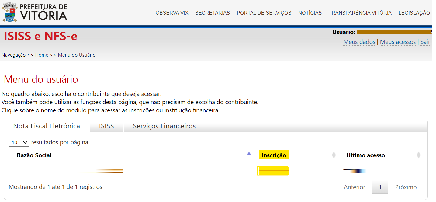 Tela para consulta da Inscrição Municipal no padrão ISISS.
