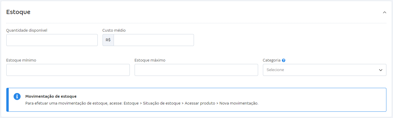 Tela de cadastro de produto com destaque para o campo Estoque.