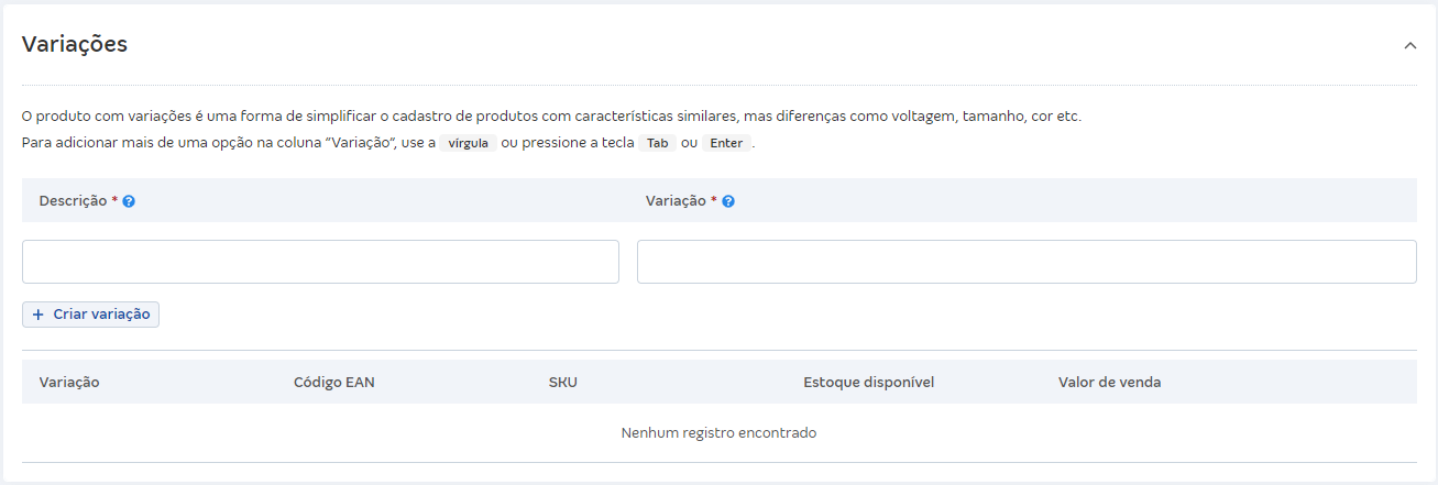Tela de cadastro de produto com destaque para o campo Variações.