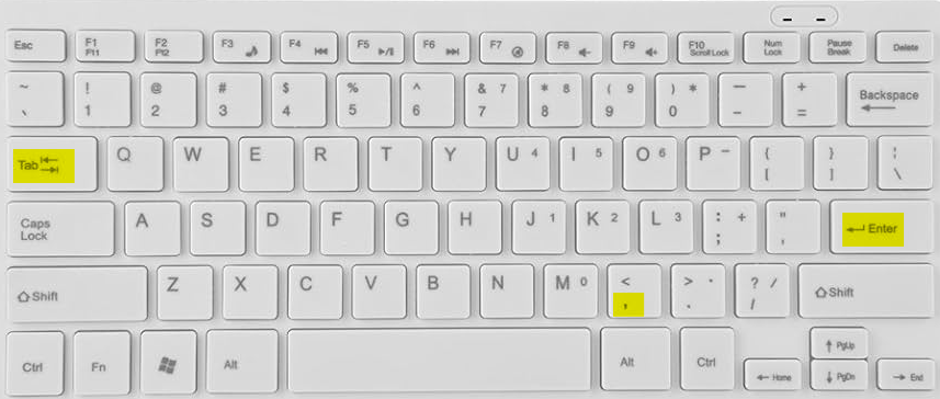 Tela de teclado de computador com destaque para as teclas enter, tab ou vírgula.