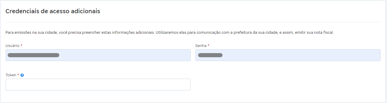 Tela de configurações da NFS-e com destaque para o campo Credenciais de acesso adicionais.