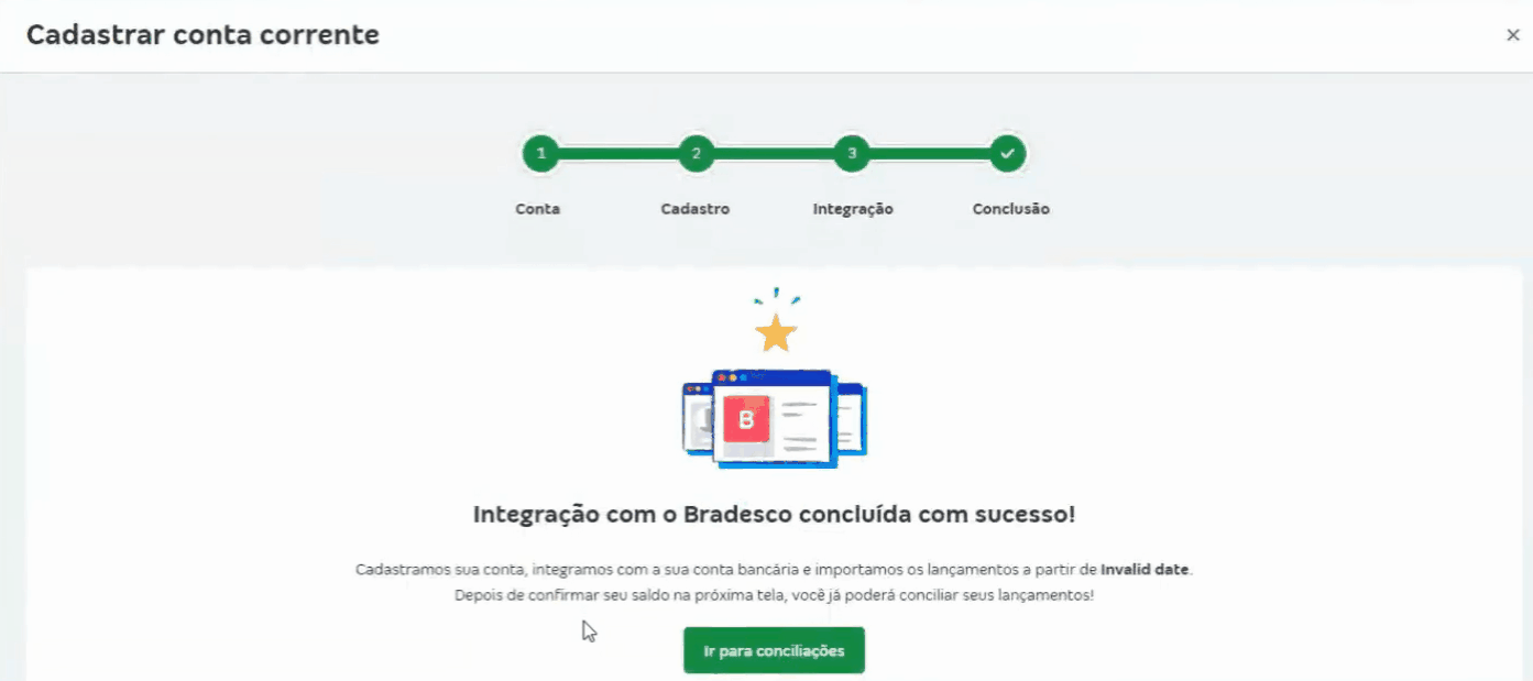 Passo a passo para concluir a configuração do Open Finance com Bradesco na Conta Azul.