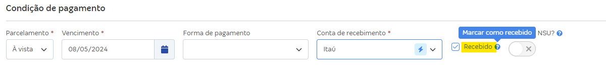 Tela do lançamento financeiro com destaque para o campo Recebido.