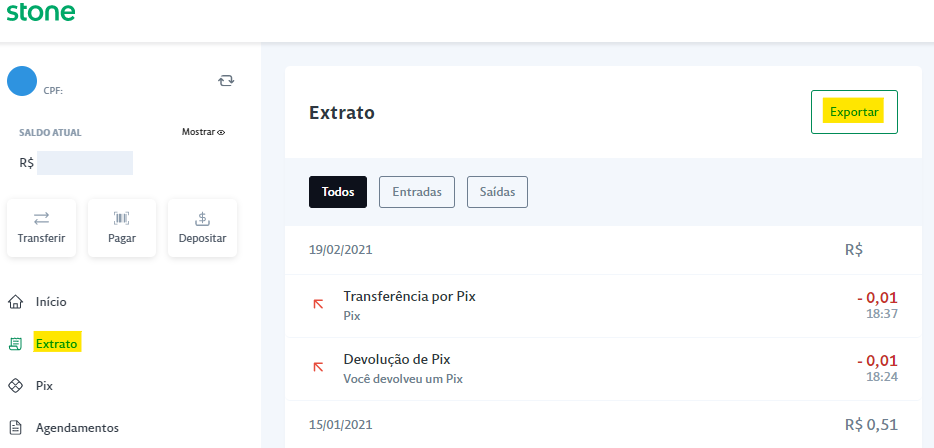 Tela do internet banking da Stone com destaque para os botões Extrato e Exportar.