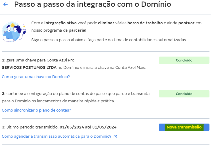 Tela de integração com Domínio com destaque para o botão Nova transmissão.