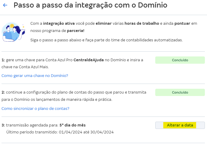 Tela de integração com Domínio com destaque para o botão Alterar a data.