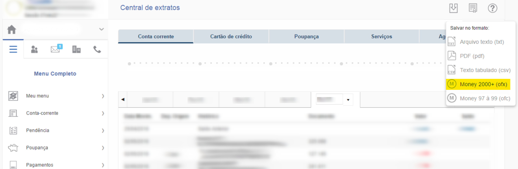 Tela do extrato bancário no internet banking do Banco do Brasil com destaque para o botão Money 2000+ (ofx).