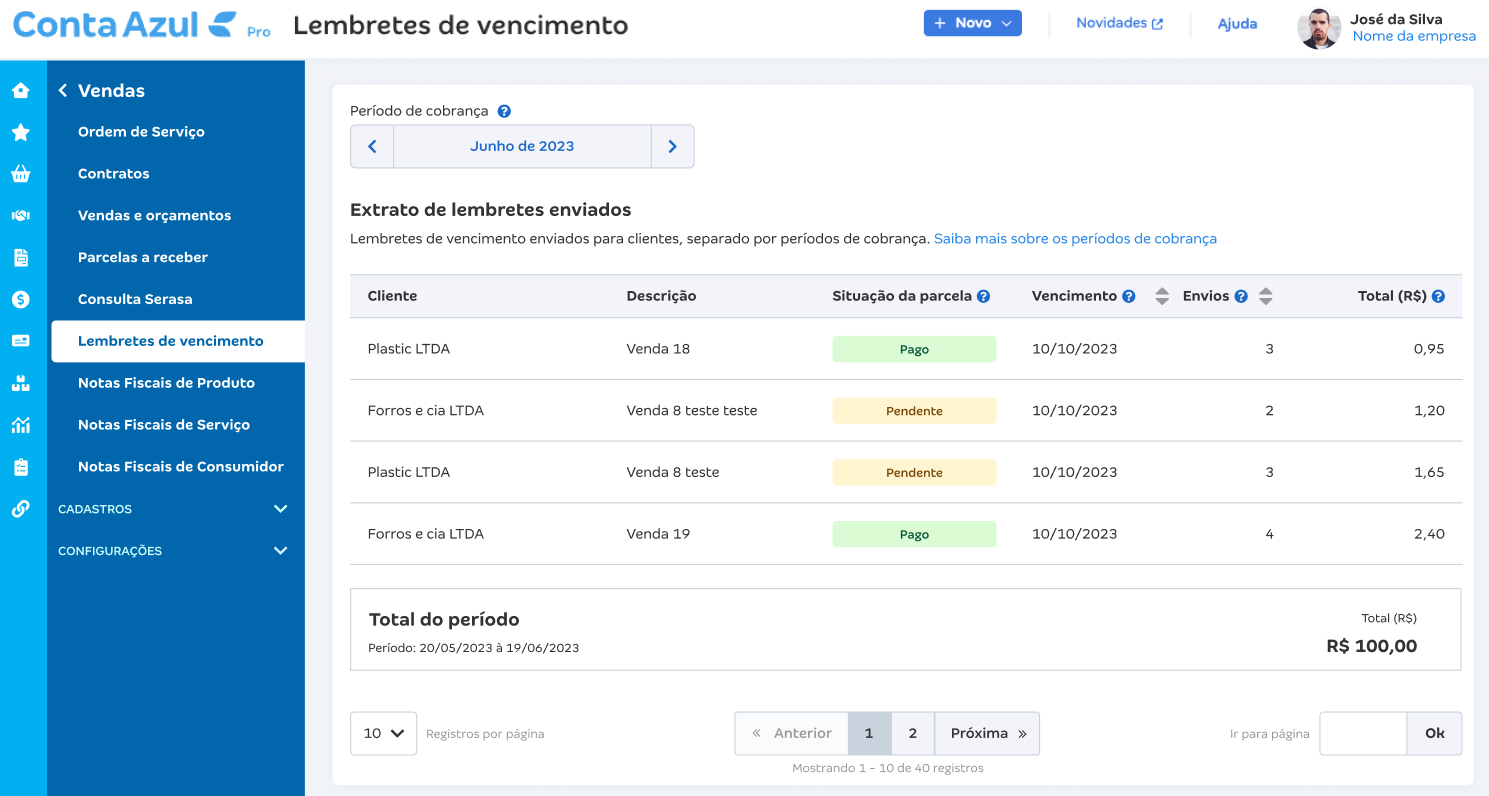 Tela de consulta de lembretes enviados com o histórico de envio.