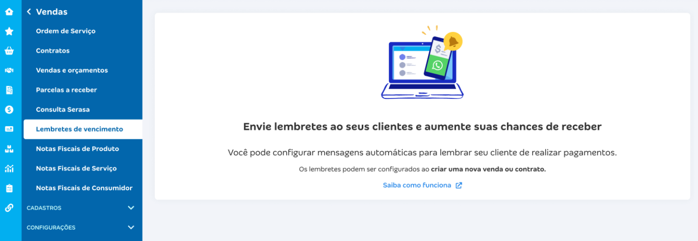 Tela de consulta de lembretes enviados sem histórico de envio.