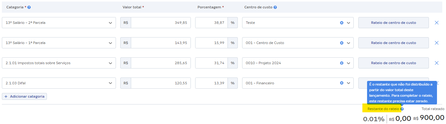 Tela de rateio de centro de custo e categoria com destaque para o campo Restante do rateio.