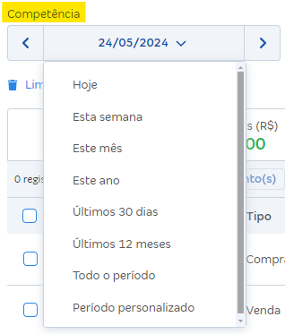 Tela de filtro por Período de competência.
