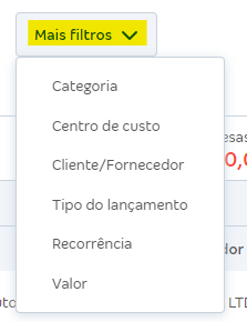 Tela com a lista de Mais filtros.