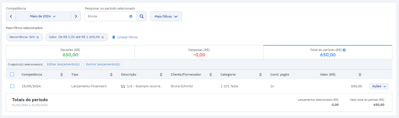 Tela de lançamentos financeiros com vários filtros.