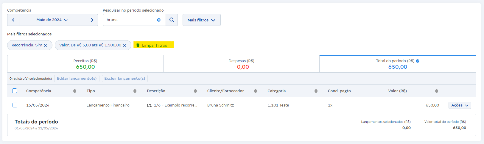 Tela de lançamentos financeiros com destaque para o botão Limpar filtros.