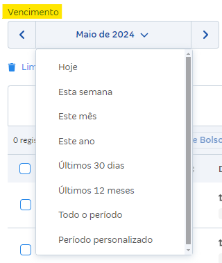 Tela de filtro por Período de vencimento.