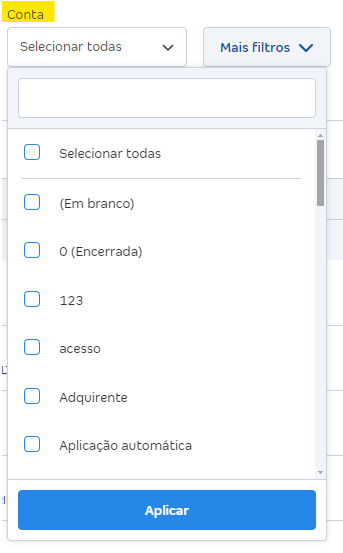 Tela de filtros por Conta.