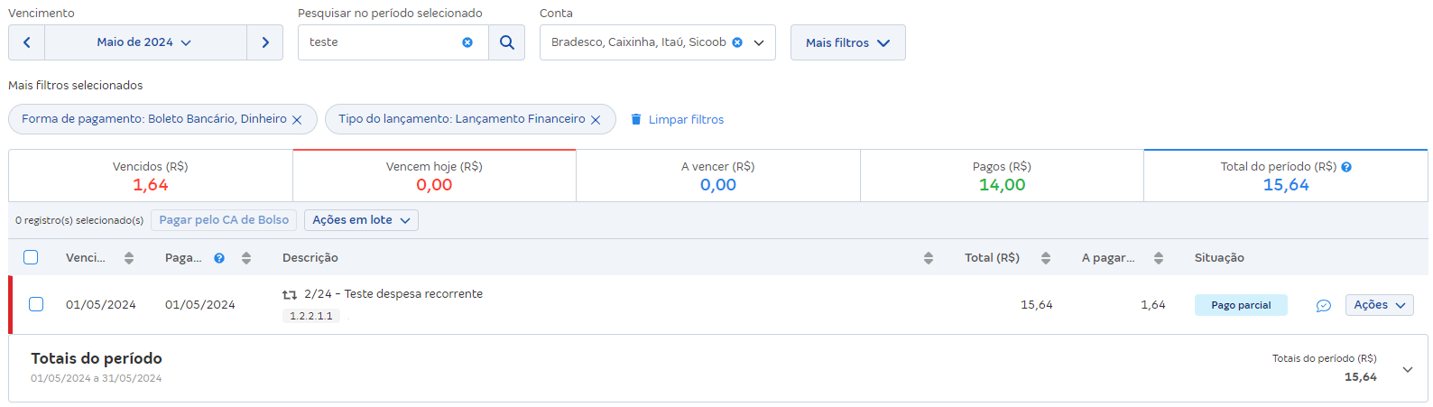 Tela de lançamentos financeiros com vários filtros.