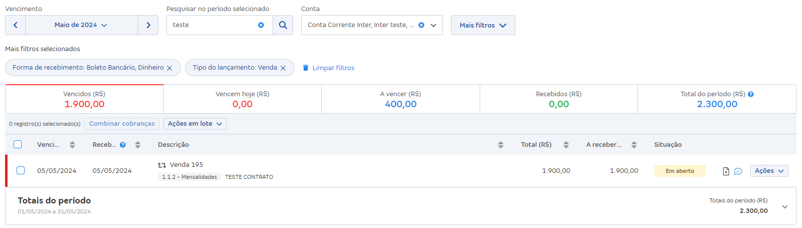 Tela de lançamentos financeiros com vários filtros.