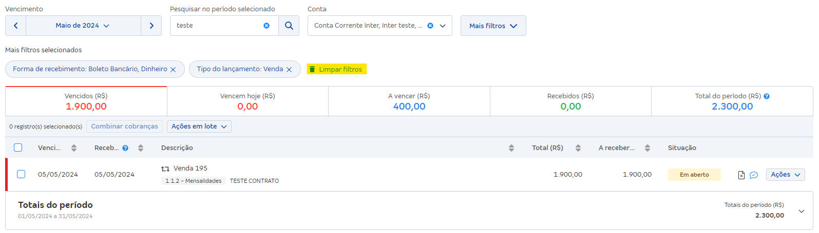 Tela de lançamentos financeiros com destaque para o botão Limpar filtros.
