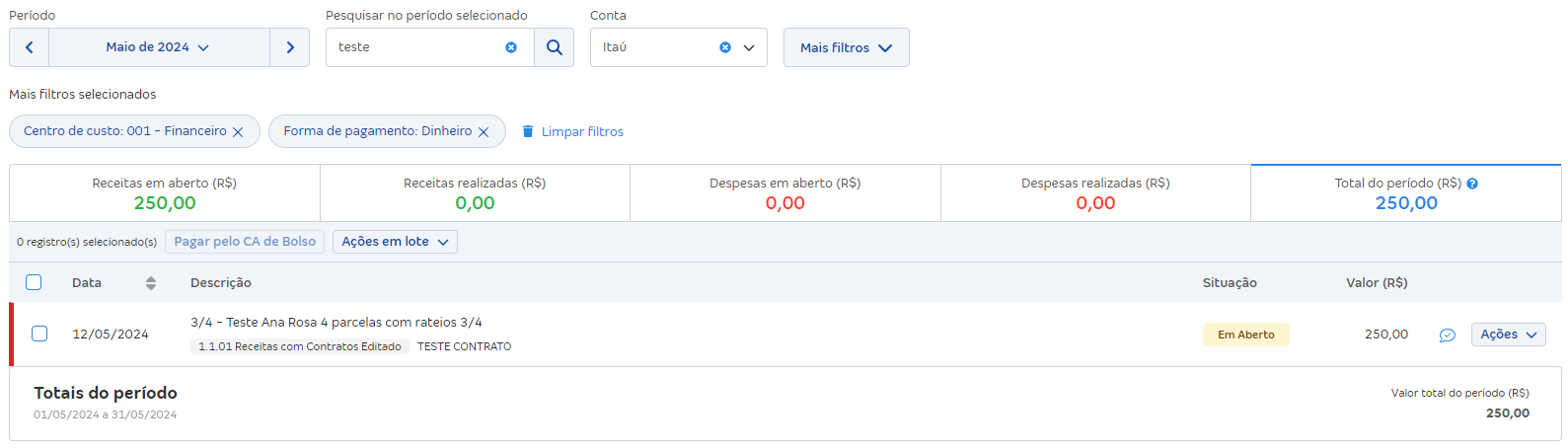 Tela de lançamentos financeiros com vários filtros.