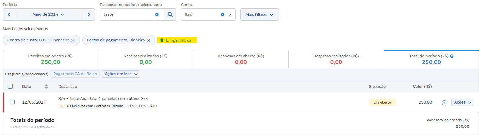 Tela de lançamentos financeiros com destaque para o botão Limpar filtros.