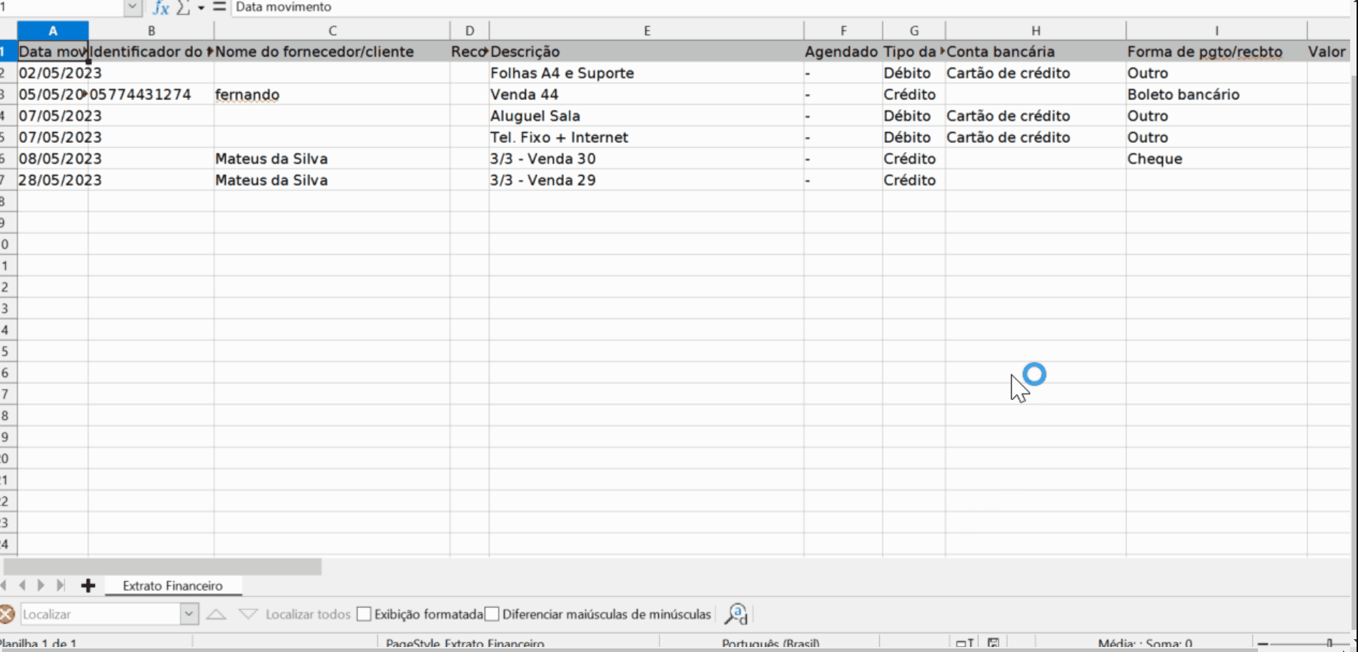 Passo a passo para visualizar planilha exportada do Extrato de movimentações.