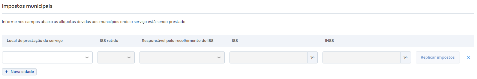 Tela de cadastro de serviço com destaque para o campo Impostos municipais.