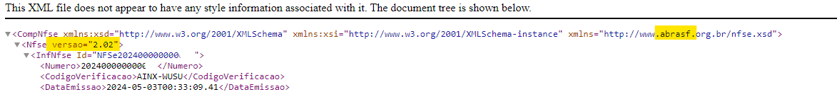 Tela do XML para visualizar o formato e a versão do XML da NFSe.