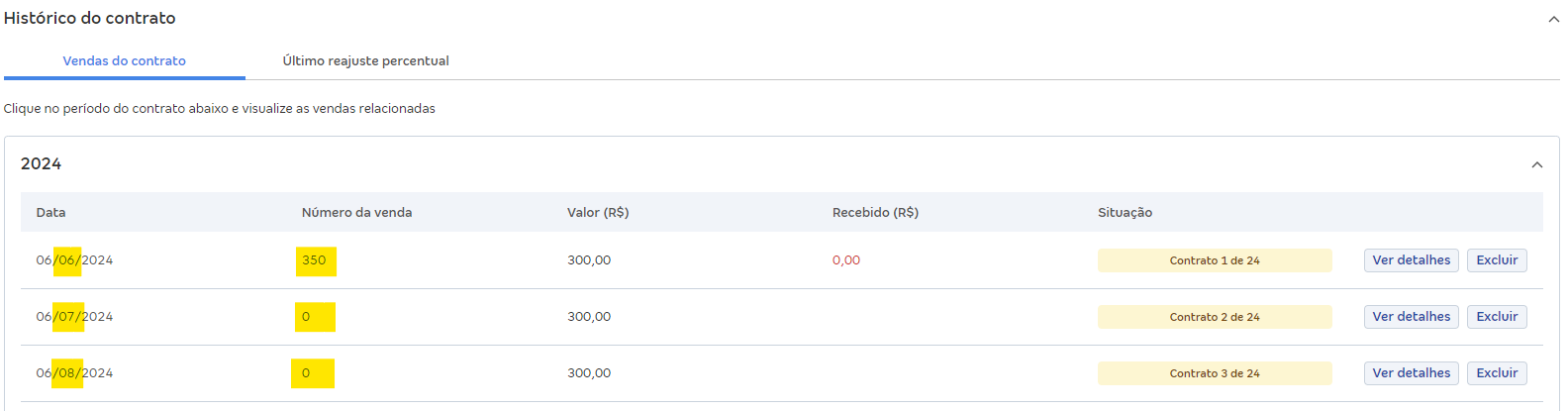 Tela de Histórico do contrato com destaquepara a data e número da venda.