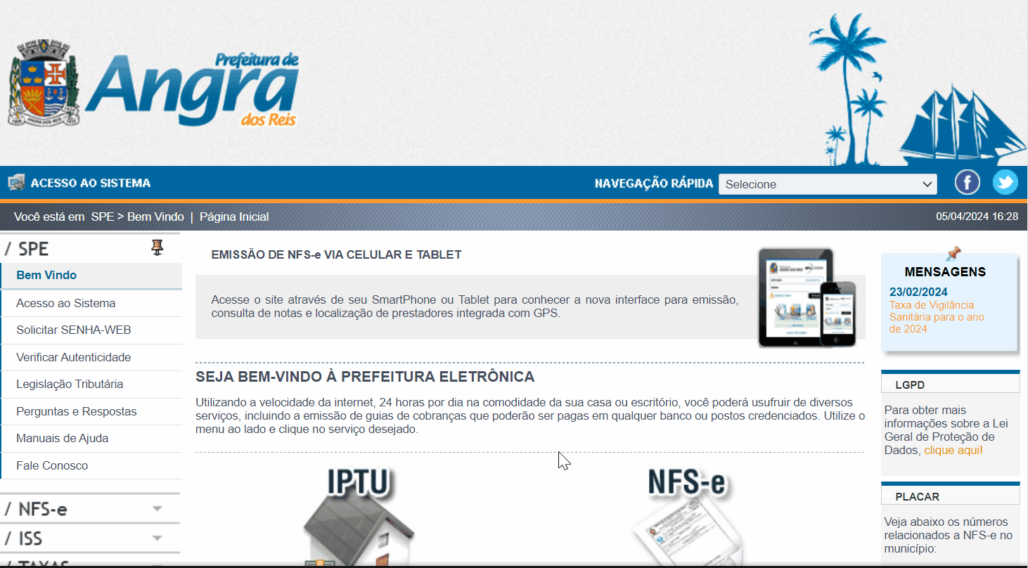 Tela de login no portal da prefeitura.