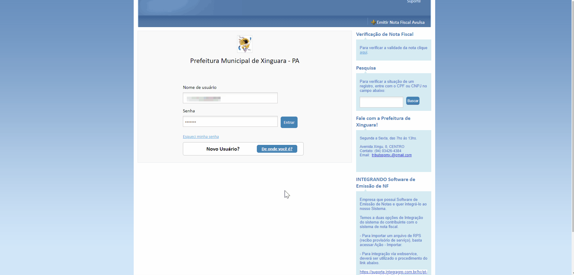 Tela de login no portal da prefeitura.