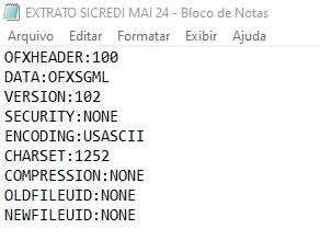 Tela do cabeçalho do arquivo OFX no formato Money 2000.