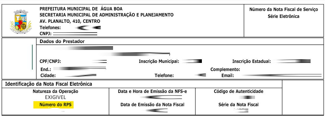 PDF da NFS-e do padrão Coplan com destaque para o número do RPS.