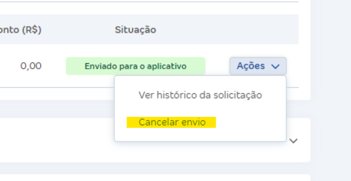 Tela da despesa com destaque para os botões Ações e Cancelar envio.