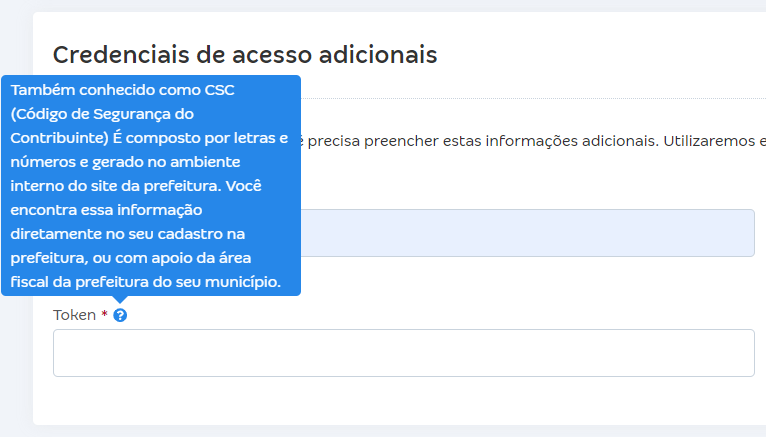 Tela de configurações da NFS-e com destaque para o campo Credenciais de acesso adicionais (token).